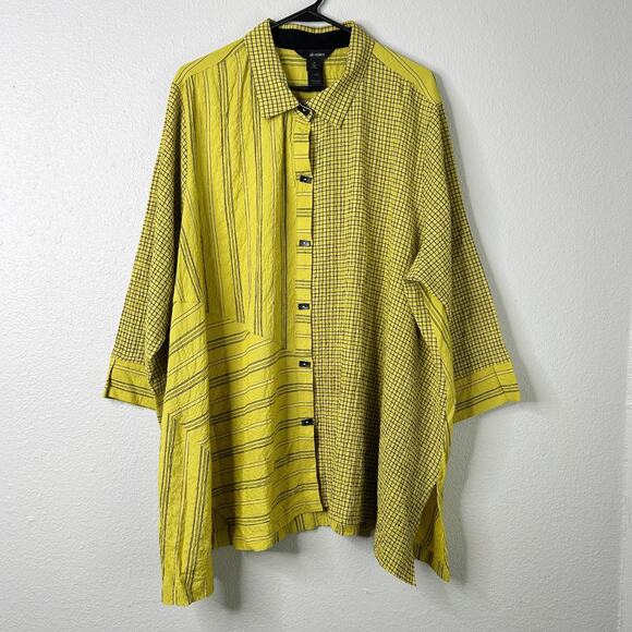 Ali Miles Wearable Art Asymmetric Tunic Citron 2X Crinkle Striped Button Blouse - Picture 1 of 13